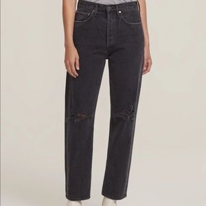 AGOLDE 90s mid rise loose fit distressed rip black jeans smokestack size 28